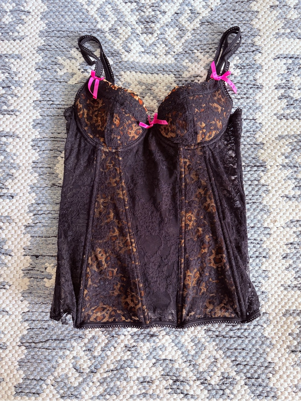 Native Black Lace Leopard-Print Bustier with Pink Bow Accent